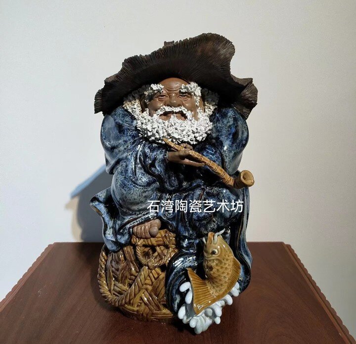 石湾公仔陶瓷稳坐钓鱼台手工摆件家居客厅装饰收藏送礼渔翁老人