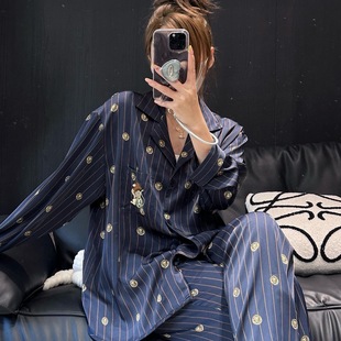 丝绸睡衣套装 小众轻奢 古典狮子绣花高级感情侣家居服可外穿男女