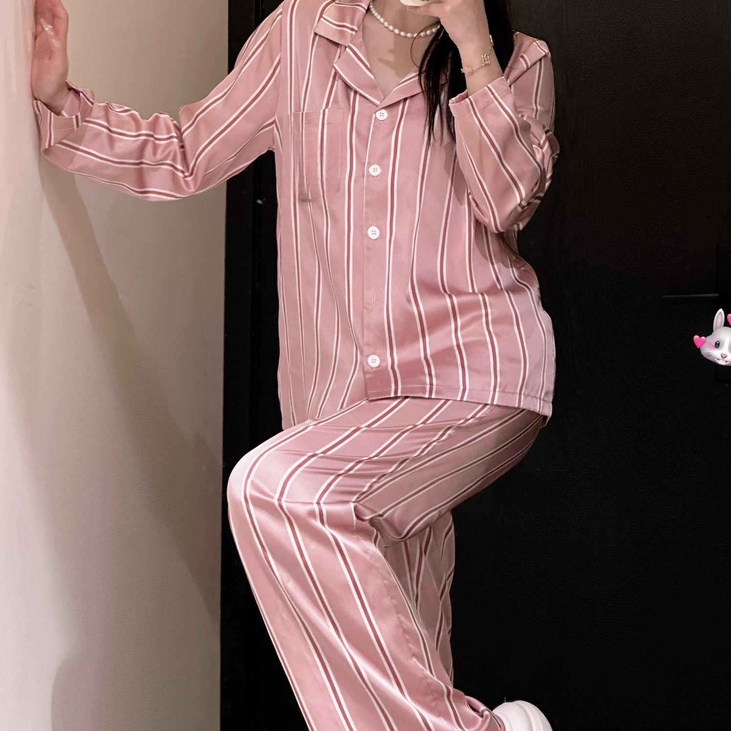 刘亦菲同款睡衣套装女野桃粉条纹