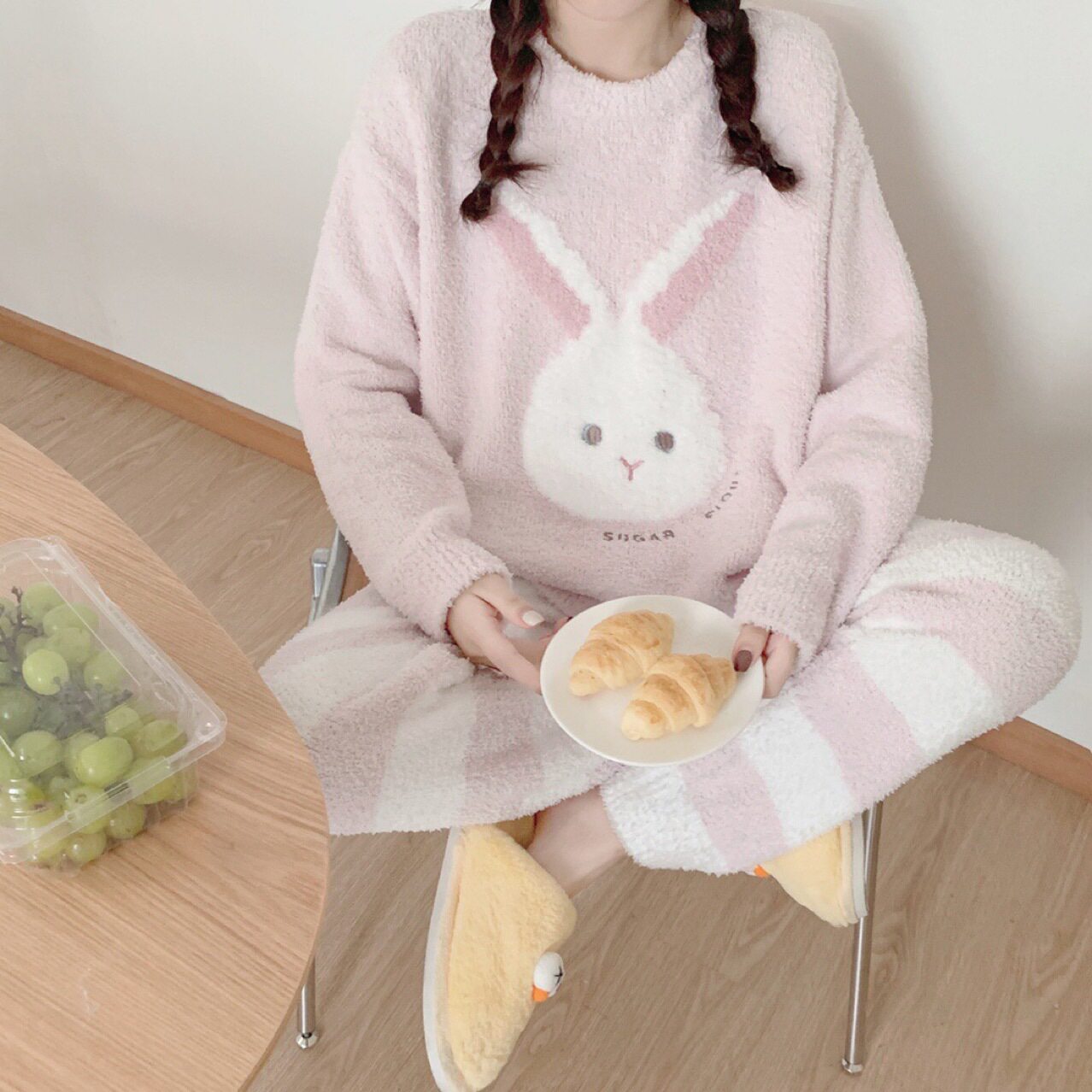 日本软绵绵睡衣女可爱考拉图案半边绒材质冬季加厚家居服长袖长裤