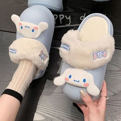 可拆卸棉拖鞋女外穿INS玉桂狗卡通可爱厚底女士包跟毛毛保暖棉鞋