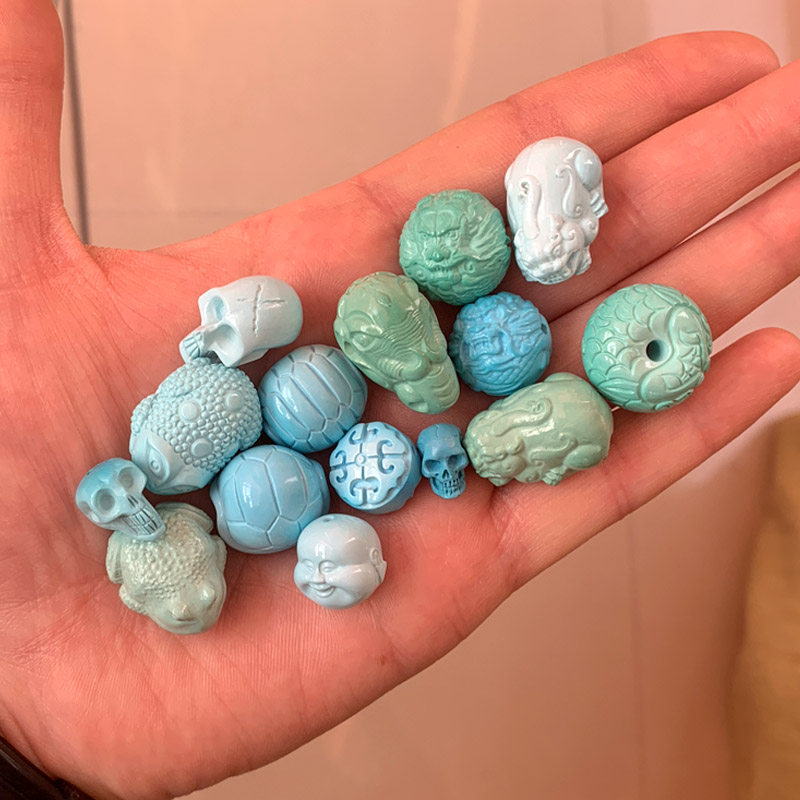 天然绿松石吊坠三通散圆珠背云骷髅金蟾蜍象神貔貅龙珠富甲平安扣