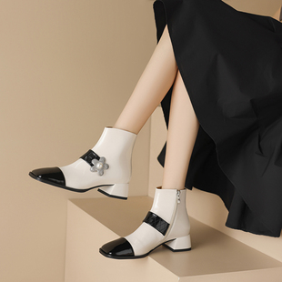 欧美水钻方头小香风中粗跟短靴羊漆皮48大码山茶花朵全真皮时装靴