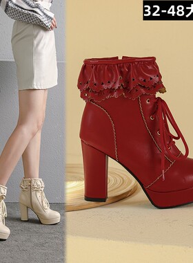 欧美外贸花边防水台高跟短靴系带大码反串伪娘CDTS及踝靴女时装靴