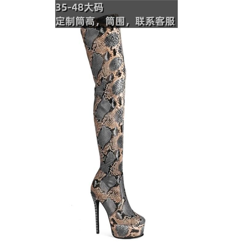 跨境辣妹蛇纹细高跟夜店过膝长靴