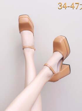欧美高跟方头单鞋粗跟侧空47大码胖MM反串伪娘CDTS包头一字扣凉鞋