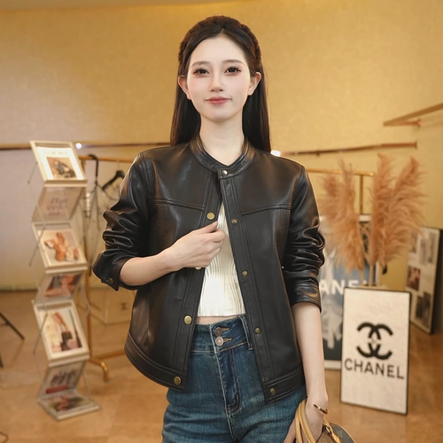 海宁2026新款头层绵羊皮真皮皮衣女短款立领休闲皮夹克小香风外套