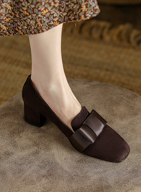 真皮断码清仓单鞋女粗跟2025春秋季新款高跟鞋方头蝴蝶结磨砂女鞋