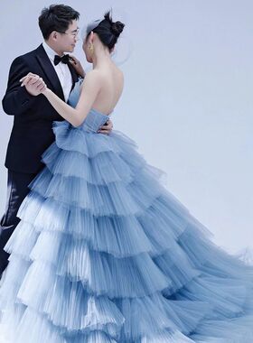 2022新款影楼主题蓝色主婚纱女摄影服装街拍写真蓬蓬纱一字肩婚纱