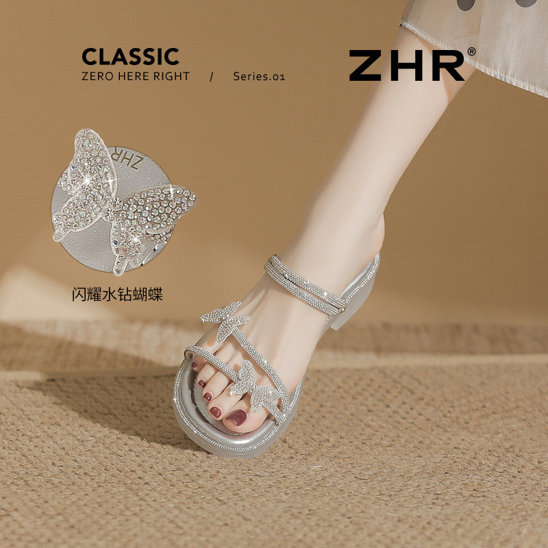 ZHR绝美凉鞋女2025夏季新款外穿水钻蝴蝶结沙滩鞋平底两穿凉拖鞋