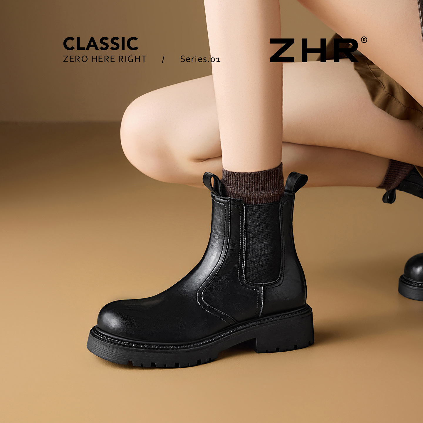 ZHR厚底马丁靴女2025秋冬新款英伦风切尔西短靴小个子增高烟筒靴