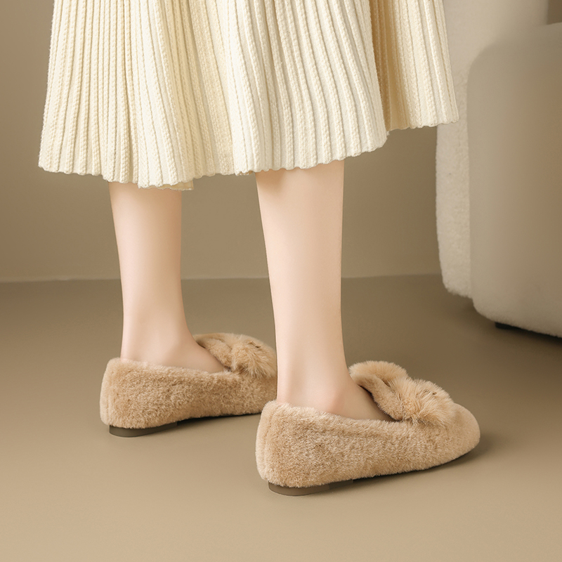 【珍珠蝴蝶结】舒适毛绒单鞋秋冬季毛毛鞋一脚蹬女鞋平底鞋女单鞋