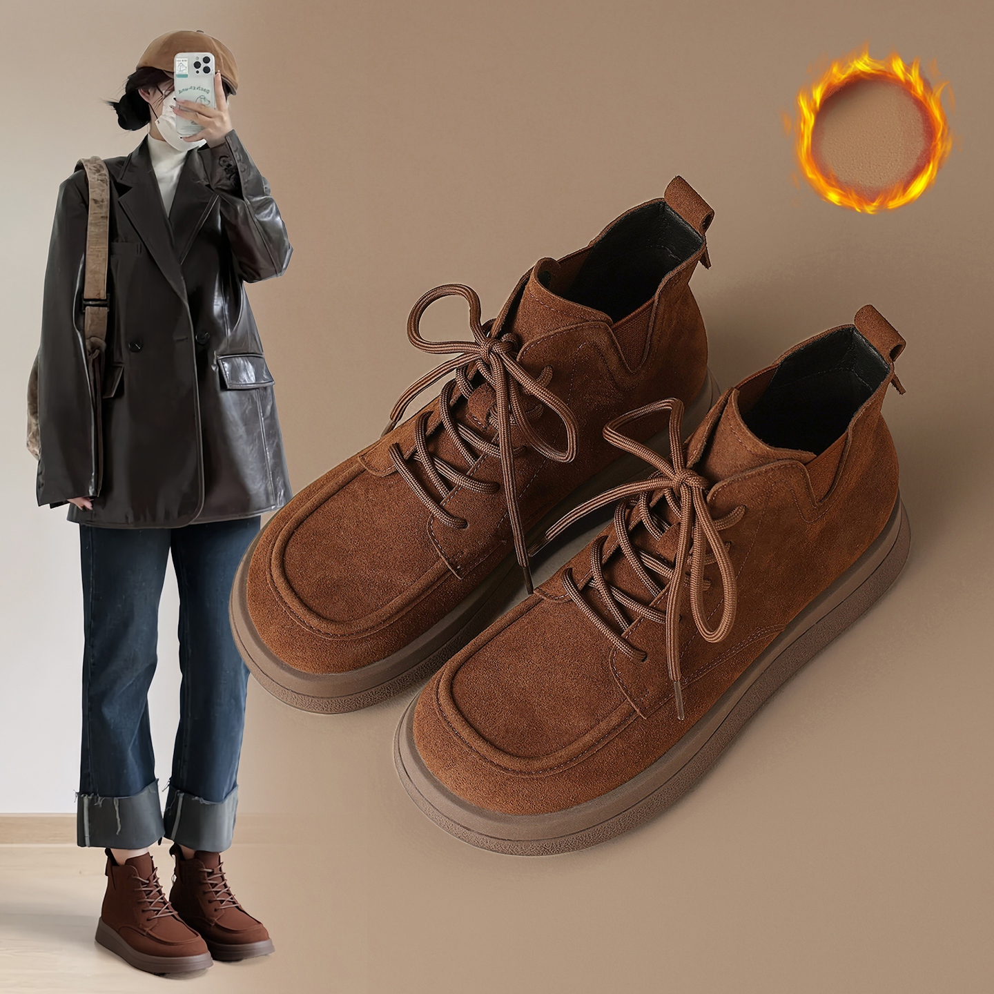 ZHR/则则专柜同款短靴25年冬新品复古工装靴加绒马丁靴休闲靴女靴