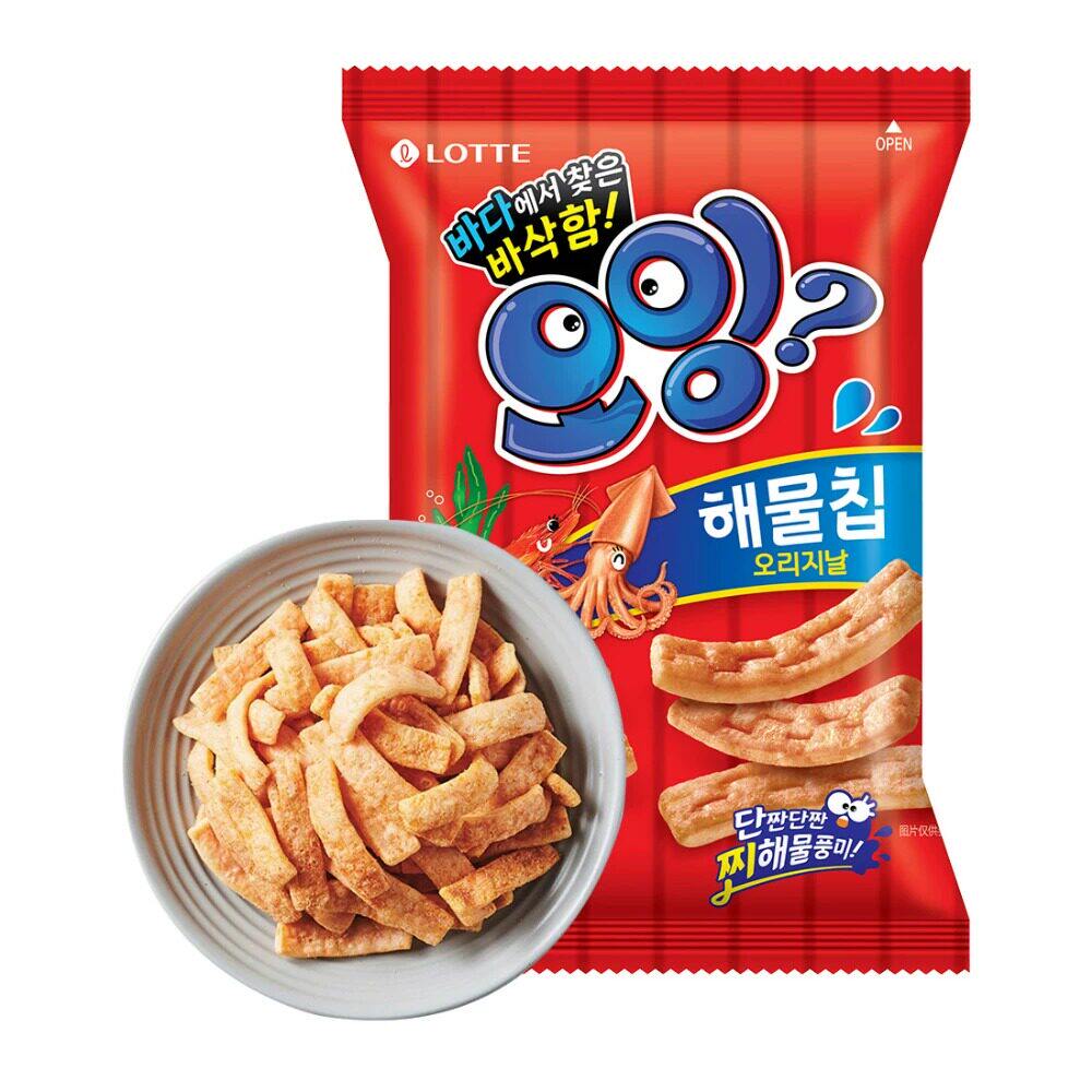 盒马代购 乐天鱿鱼味虾条75g休闲膨化薯条儿童零食解馋韩国进口