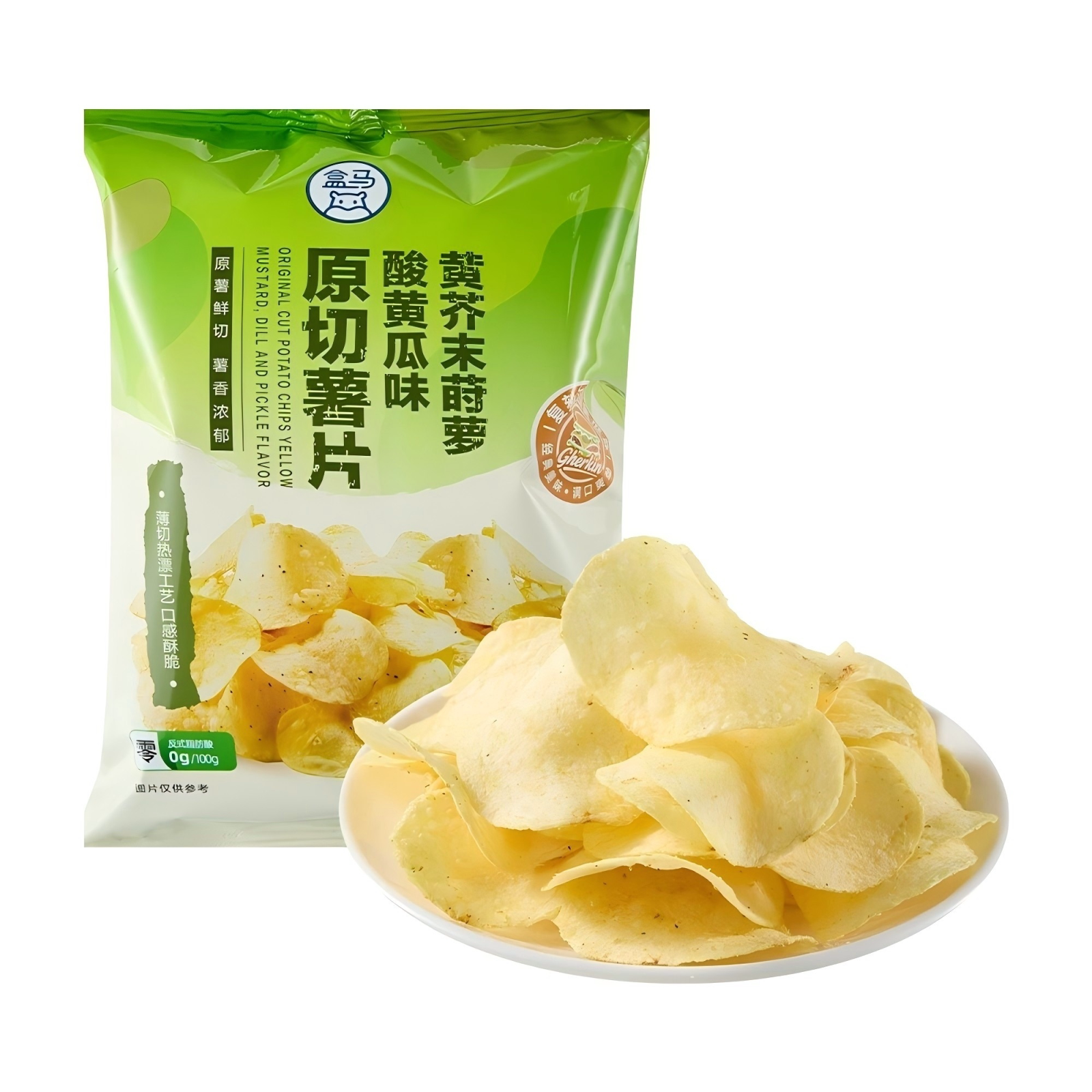 盒马代购原切薯片黄芥末莳萝酸黄瓜味150g袋装休闲零食酥脆轻盈图片