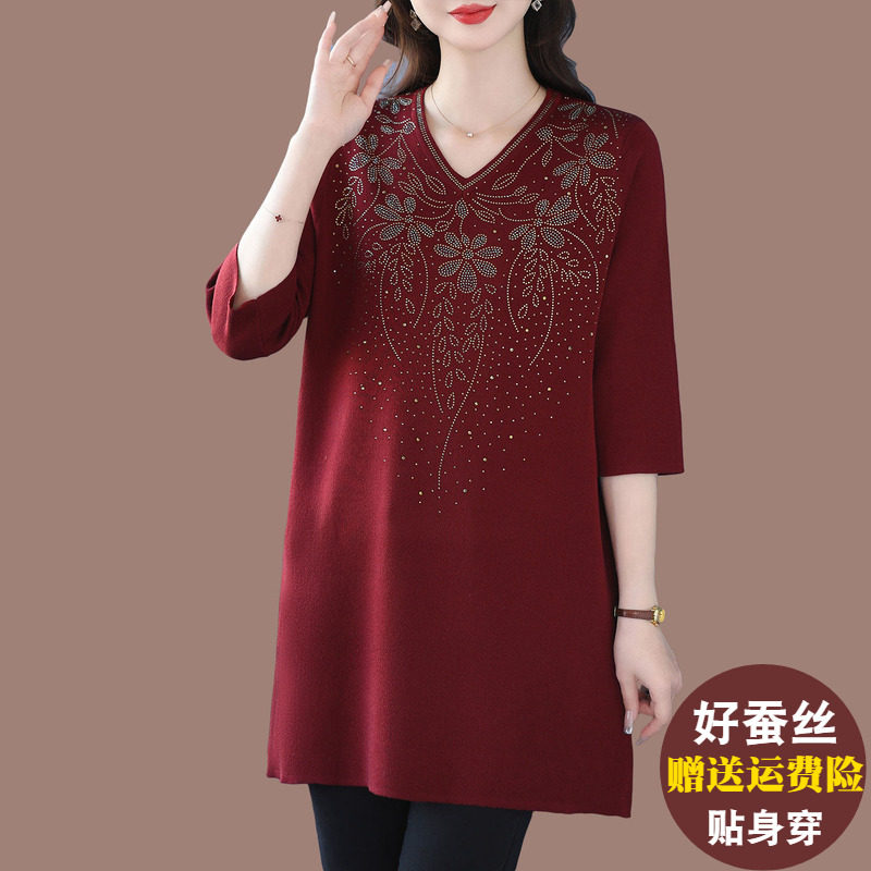 妈妈春装V领显瘦桑蚕丝七