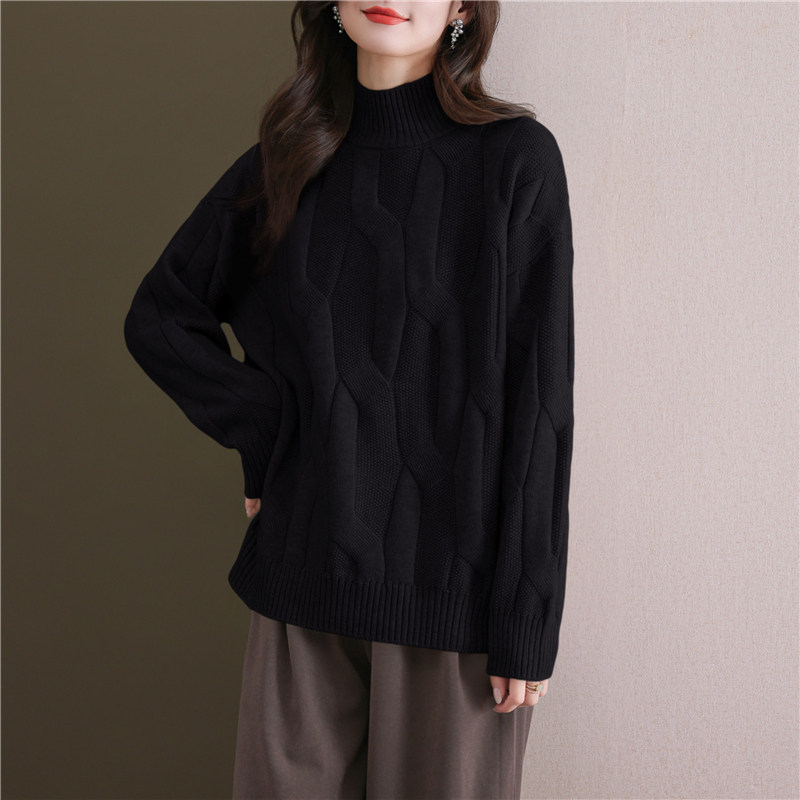 黑色麻花毛衣女款2025新款秋冬爆款加厚大码半高领粗线针织打底衫