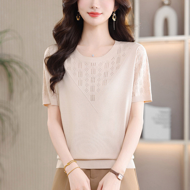 中年妈妈圆领短袖蚕丝镂空针织衫女夏季宽松大码薄款上衣T恤小衫