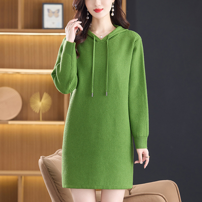 连帽针织卫衣女秋冬中长款遮屁股打底衫显瘦洋气减龄外穿毛衣大码