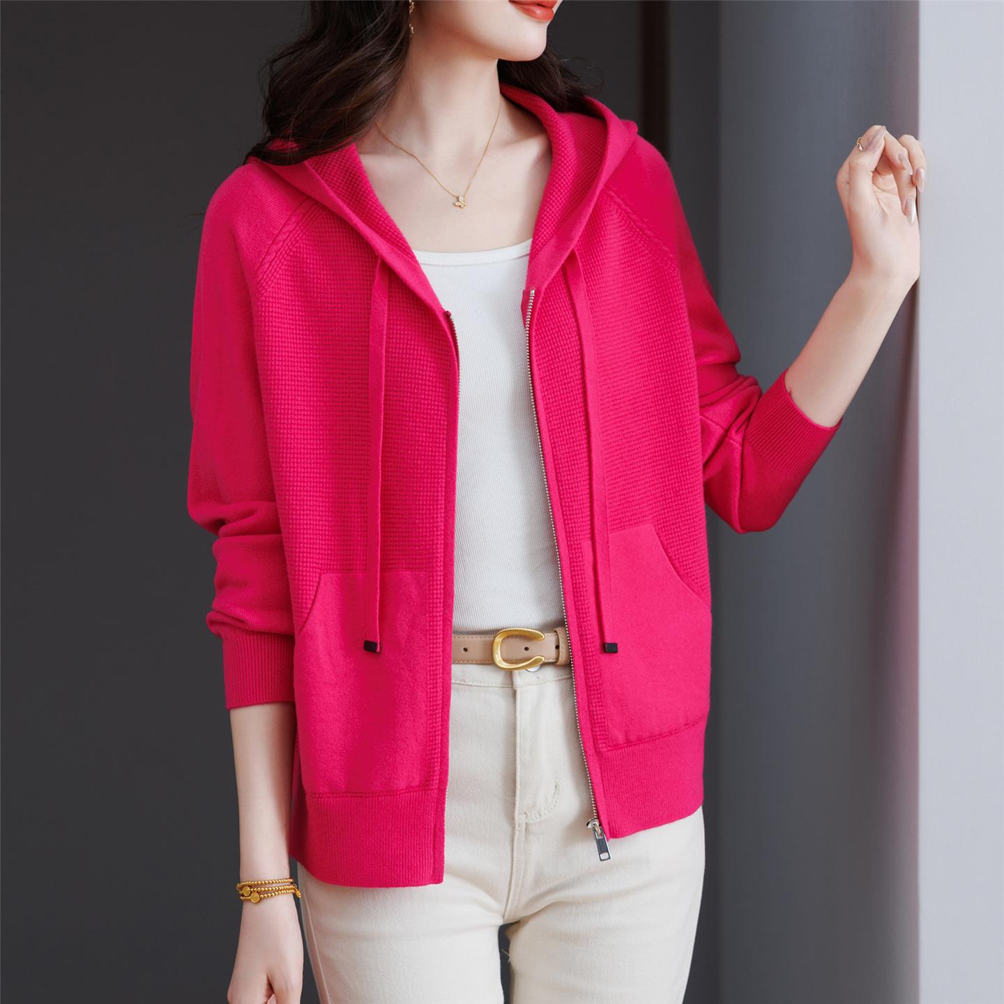 玫红色连帽卫衣外套女短款秋季2025新款小个子开衫宽松针织棒球服