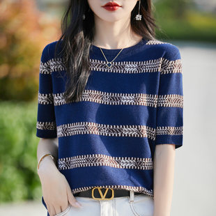 短袖 冰丝针织衫 t恤女宽松遮肚子显瘦条纹桑蚕丝上衣 大码 胖mm夏季