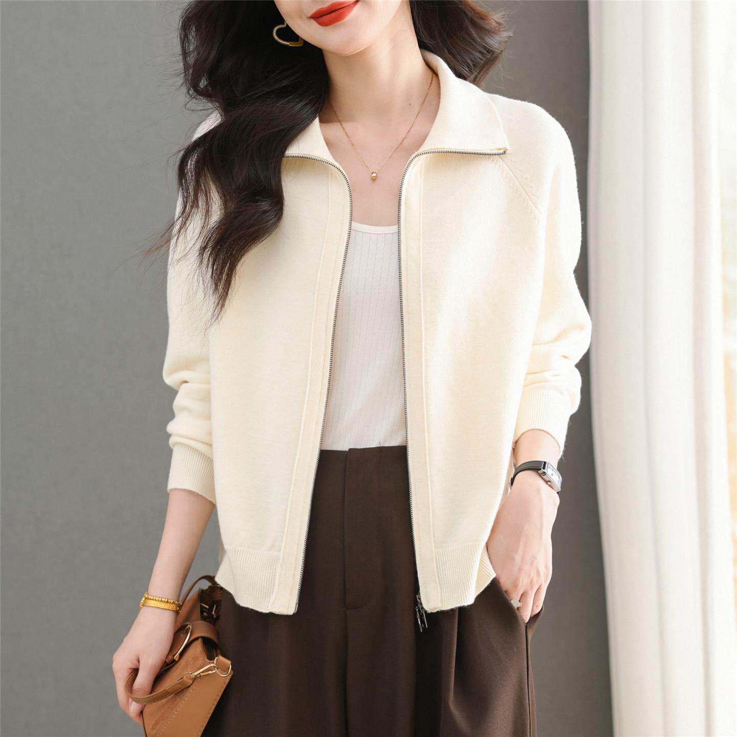 双拉链白色短外套春秋装女士宽松翻领时尚卫衣开衫夹克立领棒球服