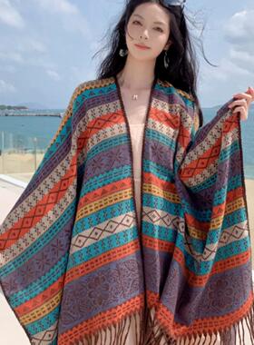 Women Shawl 民族风云南西藏旅行百搭流苏披肩提花外搭保暖斗篷