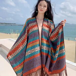 Women Shawl 民族风云南西藏旅行百搭流苏披肩提花外搭保暖斗篷