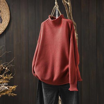 Women's red high-neck sweater loose-fitting knitted shirt
