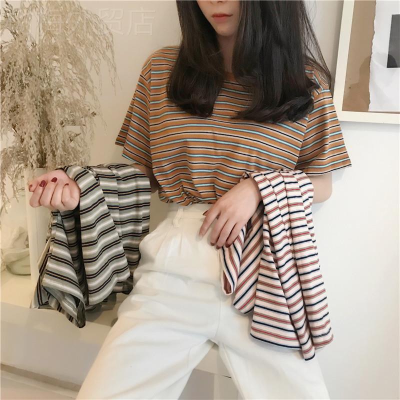 New striped short-sleeved T-shirt top for summer女式学生上衣 女装/女士精品 T恤 原图主图