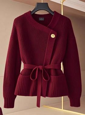 Red round-neck fitted waist lace-up knitted cardigan sweater