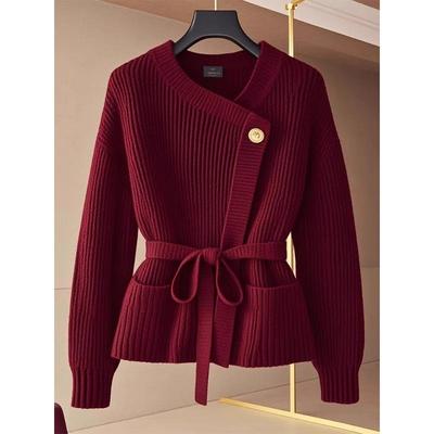 Red round-neck fitted waist lace-up knitted cardigan sweater