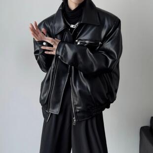 PU Leather Jacket 美式PU皮衣外套春秋英伦痞雅高级廓形机车夹克