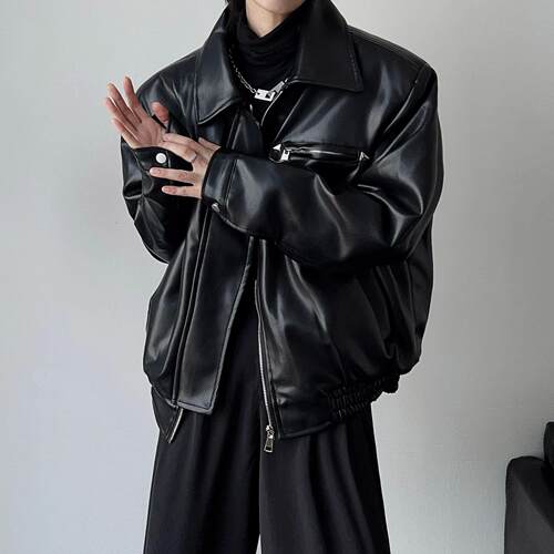 PU Leather Jacket 美式PU皮衣外套春秋英伦痞雅高级廓形机车夹克