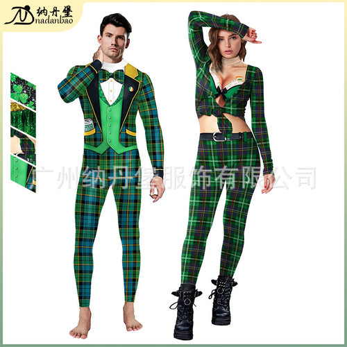 Halloween green checkered jumpsuit万圣节连体裤印花紧身衣