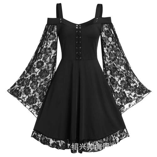 Halloween vintage lace patchwork dress万圣节连衣裙喇叭袖女装