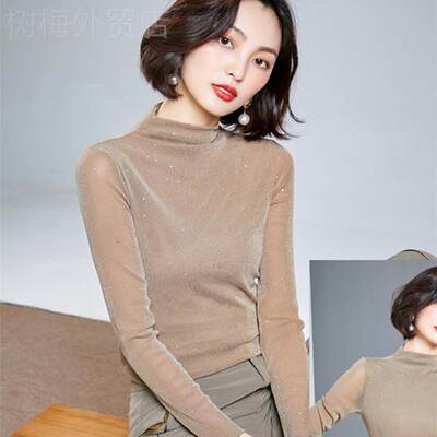 Turtleneck blouse girl高领网纱打底衫女网纱上衣女