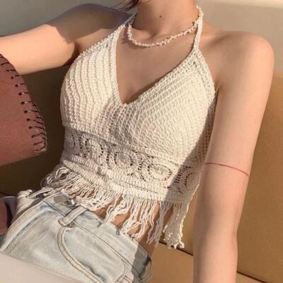 Halter Top 挂脖小背心性感漏肩带胸垫美背镂空短款上衣女