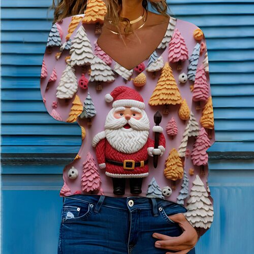 Christmas printed V-neck long sleeved women's T-shirt圣诞T恤