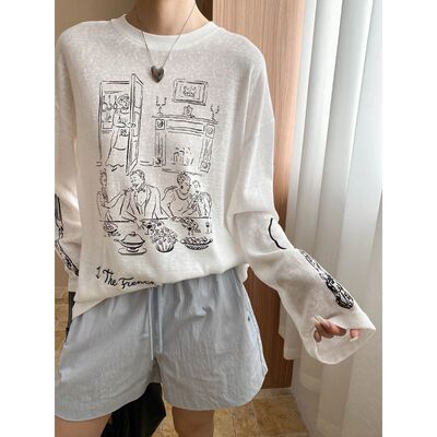 Letter printed round neck loose long sleeved T-shirt欧美T恤