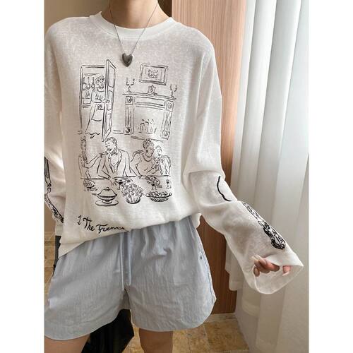 Letter printed round neck loose long sleeved T-shirt欧美T恤