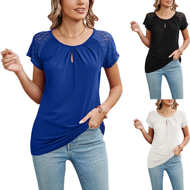 Solid color round neck short sleeve T-shirt top woman上衣女