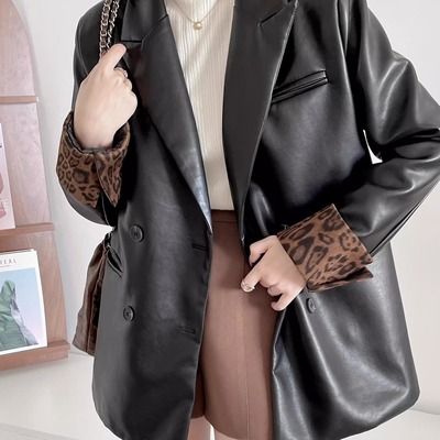 豹纹袖长袖西装复古直筒