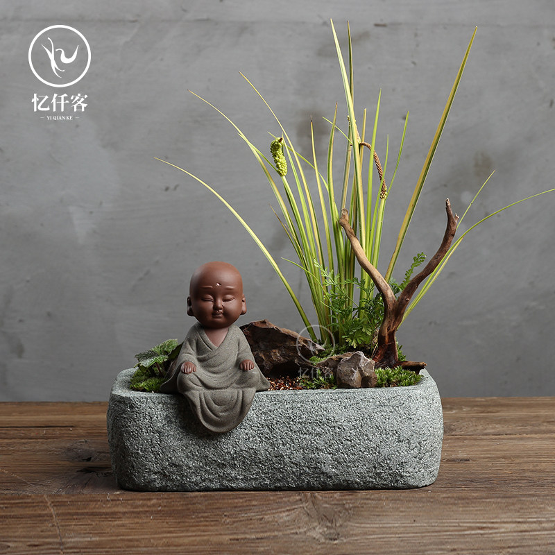 忆仟客青石盆菖蒲盆小石槽养鱼石头盆景盆复古大号盆景花盆长石盆