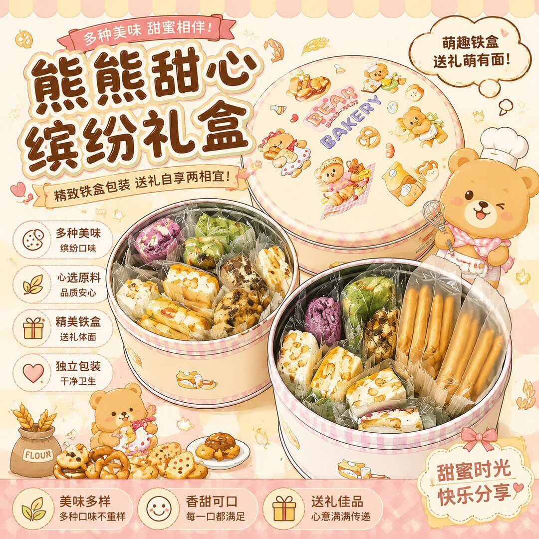 小熊铁盒牛轧糖饼干雪花酥混装生日节日礼物送女生闺蜜儿童伴手礼