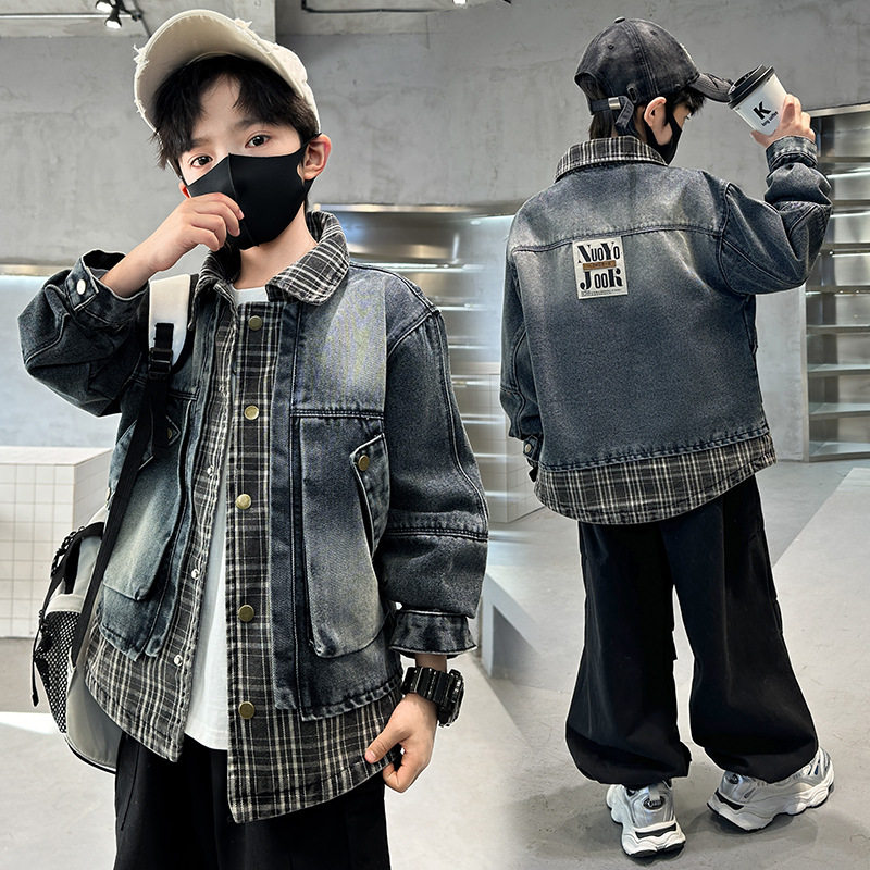 大童男装一米二三四五六年级七八九十岁小孩春衣服假两件牛仔外套,童装/婴儿装/亲子装,儿童牛仔外套,淘宝优惠券,粉丝福利购,淘宝优惠卷