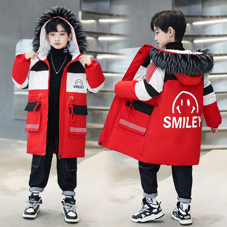 大童男装一米二三四五六年级七八九十岁小孩中长棉袄冬衣服外套红
