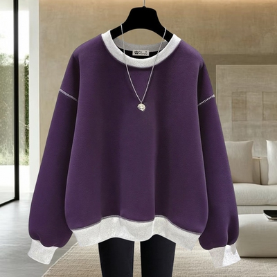圆领长袖卫衣女宽松加绒休闲撞色