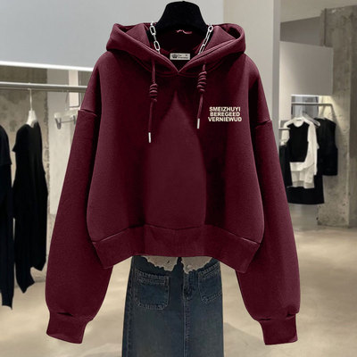 安哥拉红加绒宽松卫衣女短款连帽