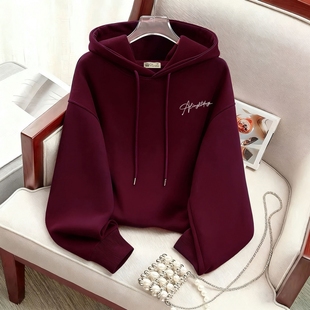 红色连帽卫衣女加绒2025新款春秋冬薄款宽松简约带帽上衣外套短款